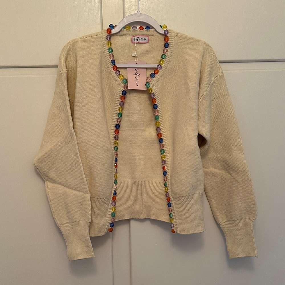 NWT Self-Same Cream Cardigan With Rainbow Beaded Trim Detail
